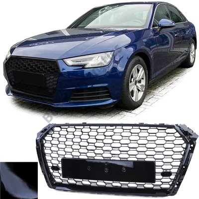 AUDI A4 B9 8W 2015-2019 lakkozott fekete RS stílusú hűtőrács fix PDC+rendszám tartóval
