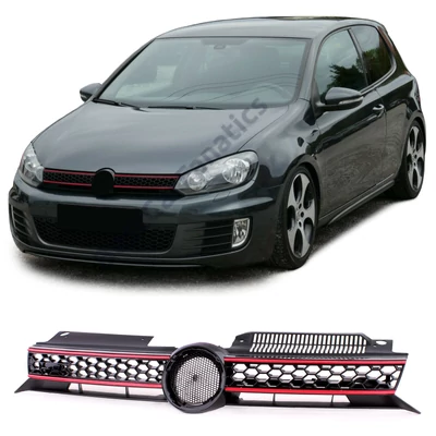 VW Volkswagen Golf VI - 6 GTI stílusú lakkozott fekete hűtőrács piros díszcsíkokkal