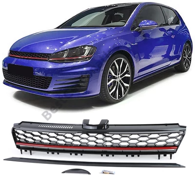 VW Volkswagen Golf VII GTI stílusú lakkozott fényes fekete hűtőrács piros csíkkal