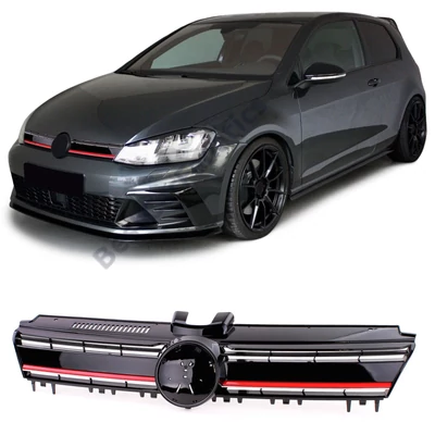 VW Volkswagen Golf VII lakkozott fényes fekete R stílusú hűtőrács piros csíkkal