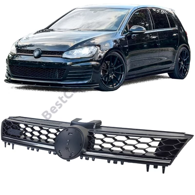 VW Volkswagen Golf VII GTI stílusú lakkozott fényes fekete hűtőrács króm csíkkal (emblématartós)
