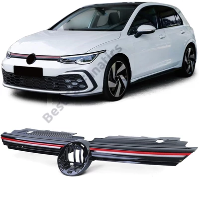 VW Volkswagen Golf VIII GTI stílusú lakkozott fekete világítós hűtőrács piros csíkkal (emblématartós)
