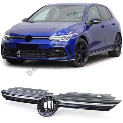 VW Volkswagen Golf VIII GTI stílusú lakkozott fekete világítós hűtőrács króm csíkkal (emblématartós)