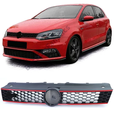 VW Volkswagen Polo V 6R 6C 2009-2017 matt fekete méhsejtes hűtőrács piros csíkokkal