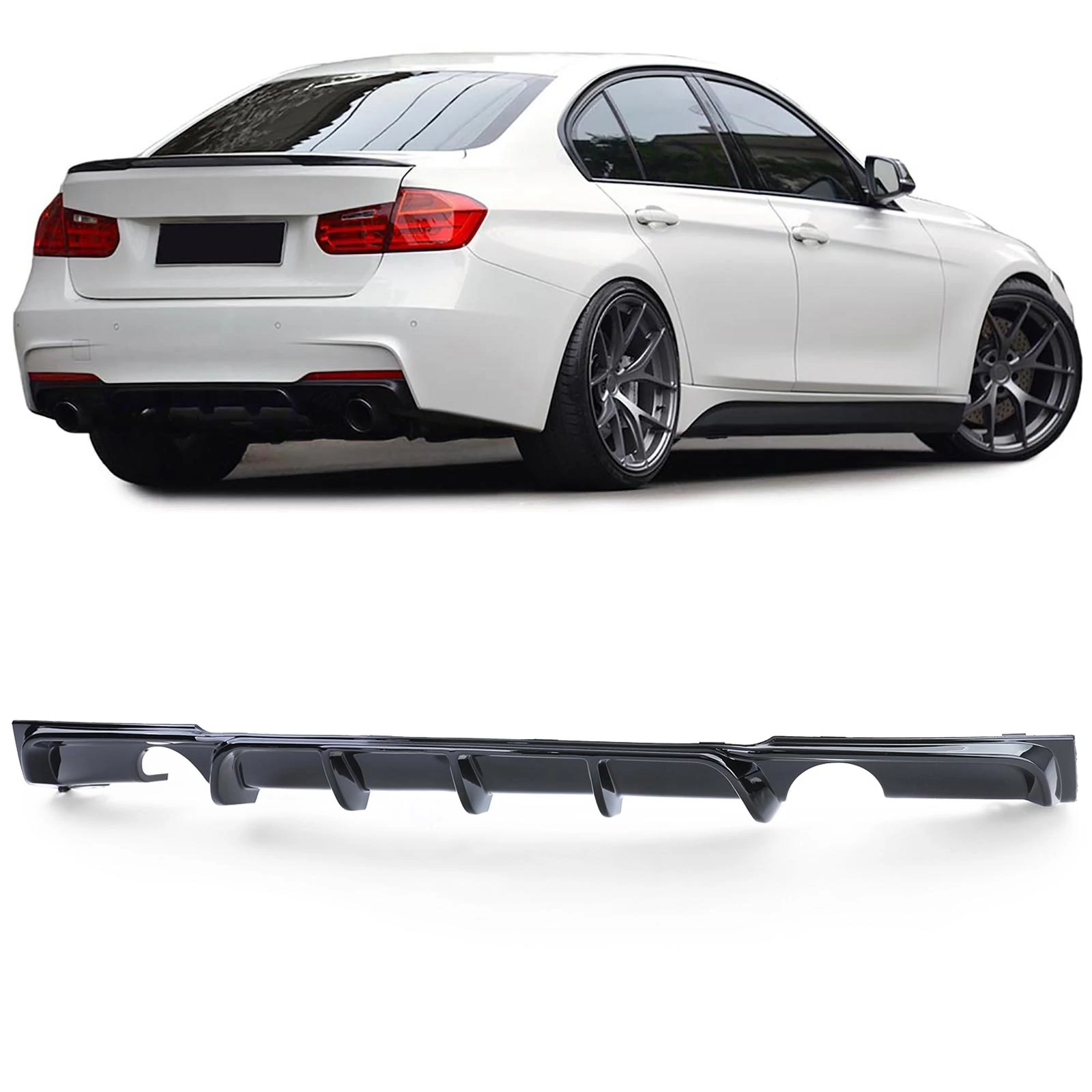 BMW F30 M-packet lökhárítóba M3 stílusú utángyártott lakkozott fekete műanyag diffúzor bal-jobb oldali 1-1csöves