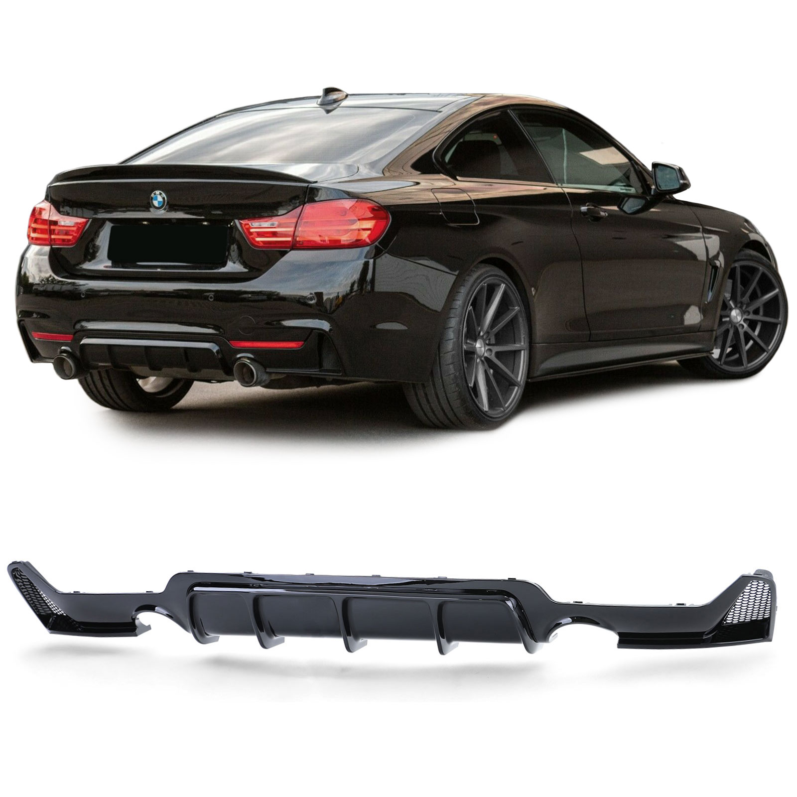BMW F32 F33 F36 M-packet lökhárítóba M4 stílusú utángyártott lakkozott fekete műanyag diffúzor bal-jobb oldali 1-1csöves
