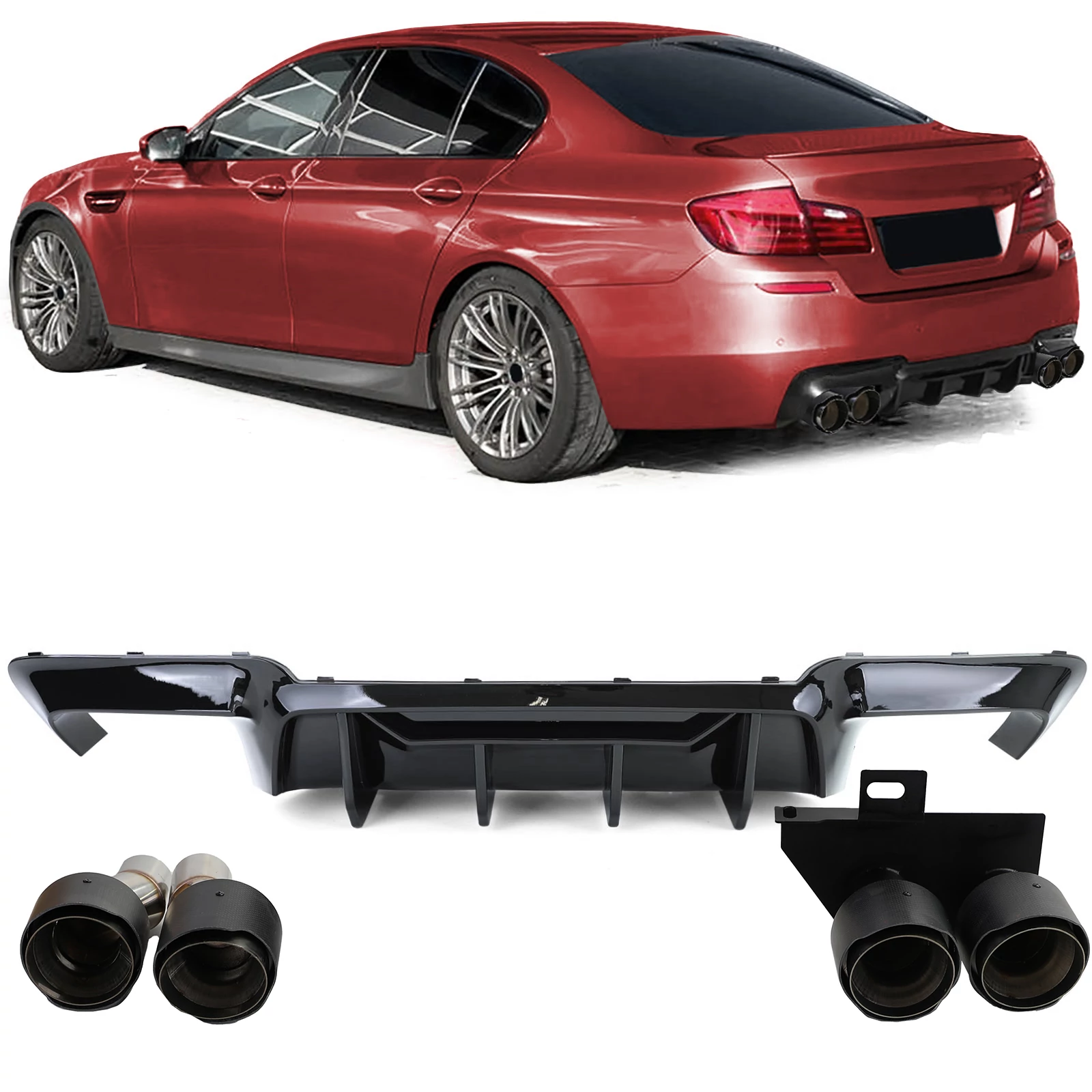 BMW F10 F11 M-packet lökhárítóba M5 Competition stílusú lakkozott fekete műanyag diffúzor kétoldali 2-2csöves carbon kipufogó véggel