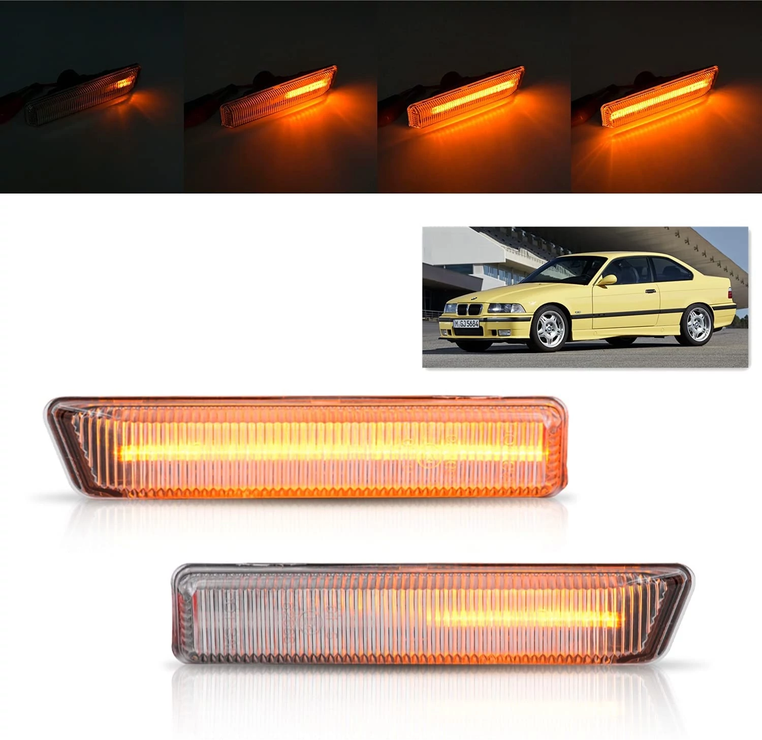 BMW E36 facelift 1995-1999 E53 X5 1999-2005 átlátszó burás futófényes SMD LED oldalindex szett