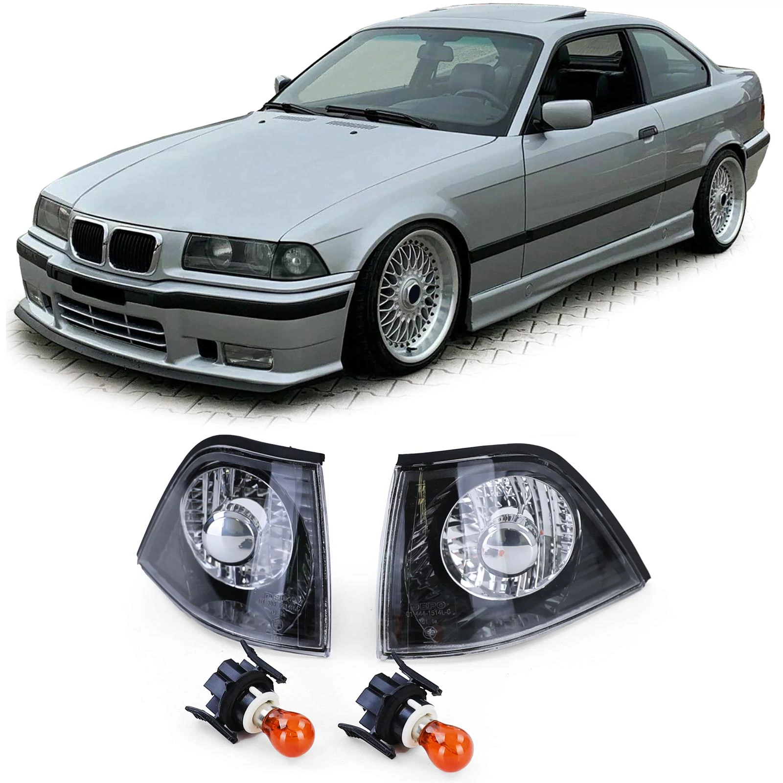 BMW E36 coupe cabrio átlátszó búrás fekete hátterű első index pár