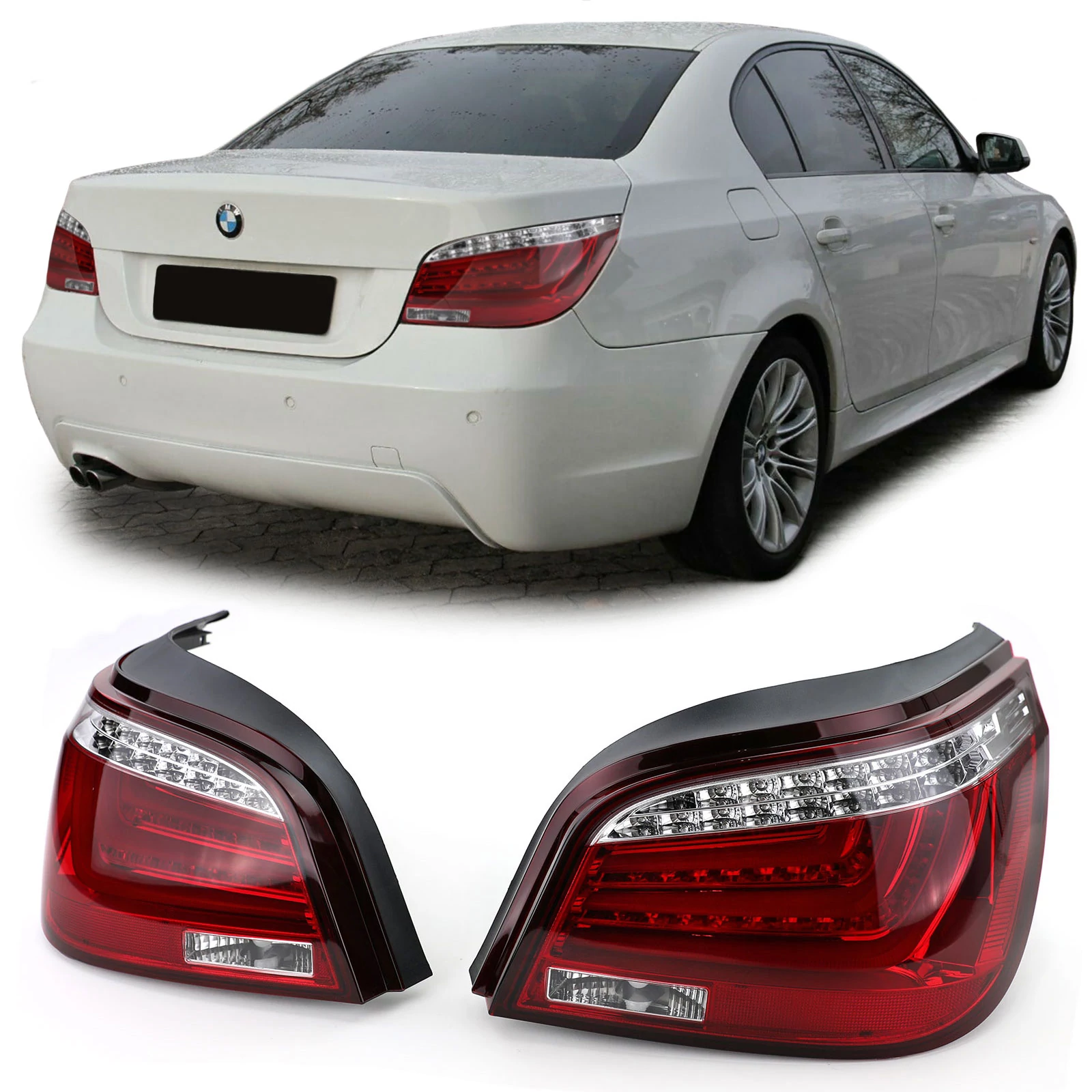 BMW E60 LCI 2007-2010 limousine piros fehér átlátszó burás Lightbar LED-es hátsó lámpa pár