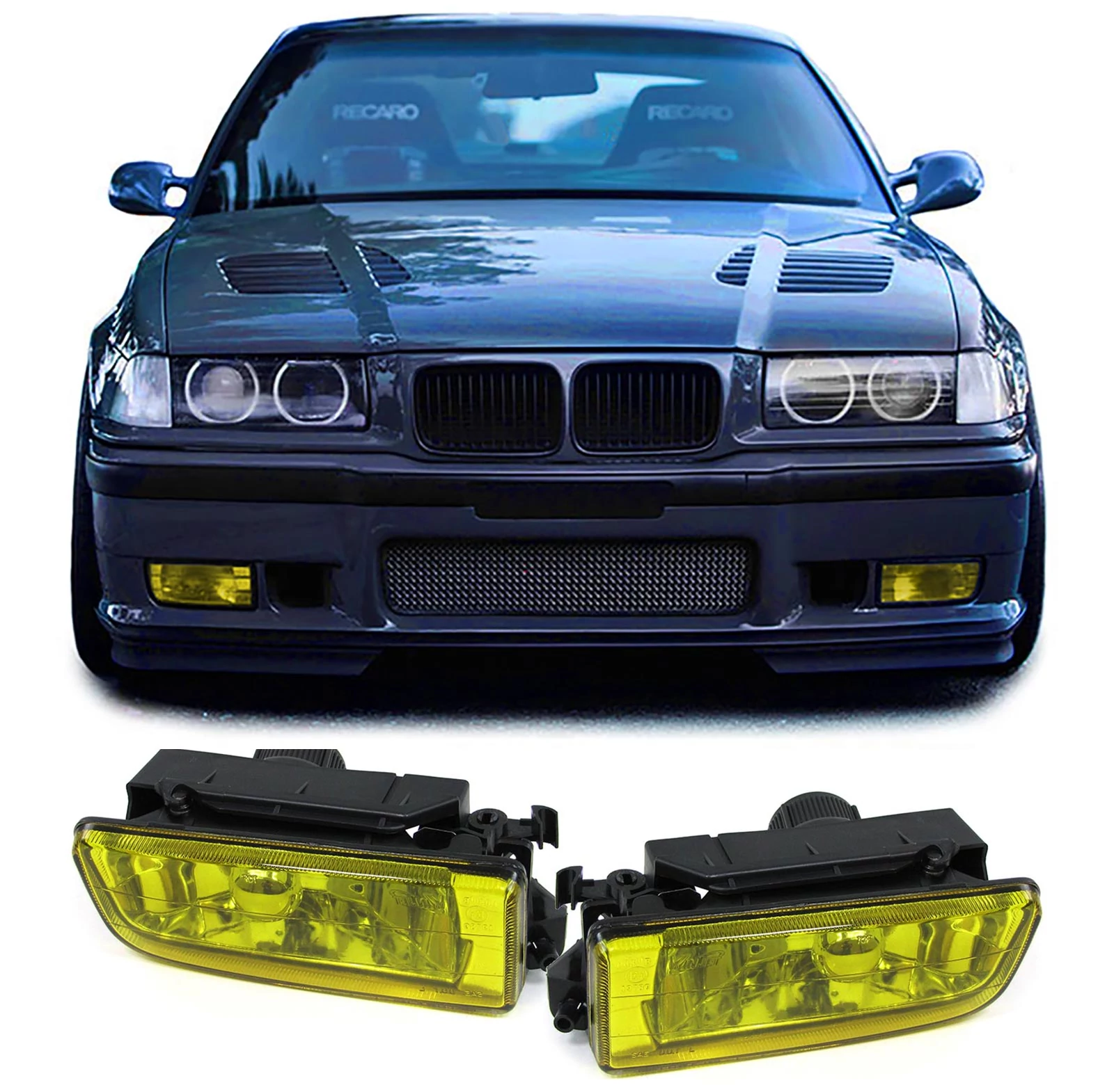 BMW E36 sárga burás H1 ködlámpa pár kerettel