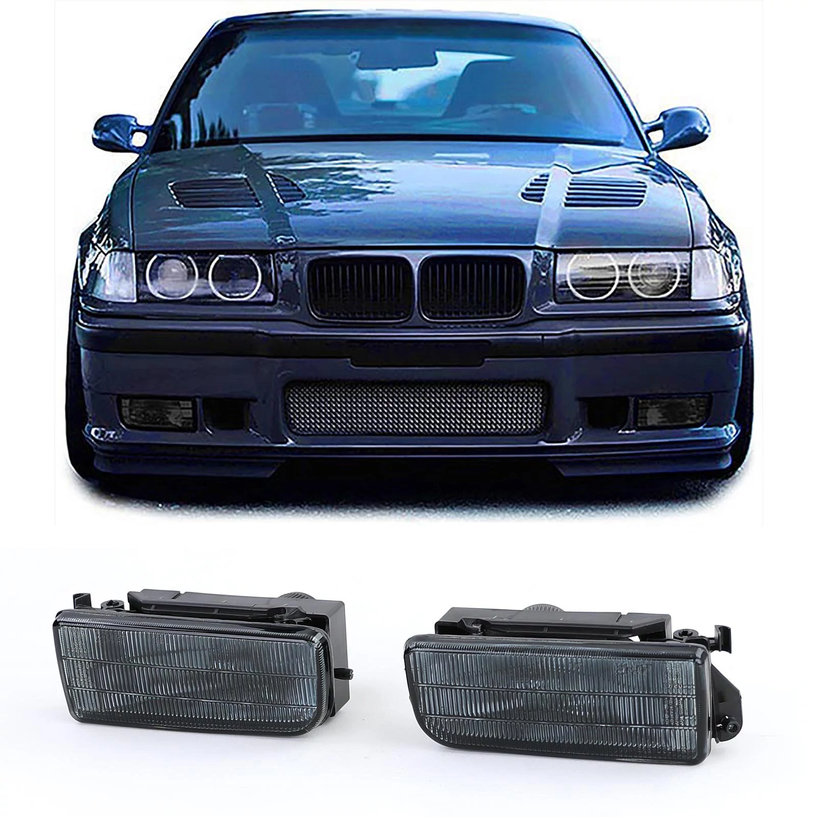 BMW E36 gyári jellegű füst burás H1 ködlámpa pár kerettel