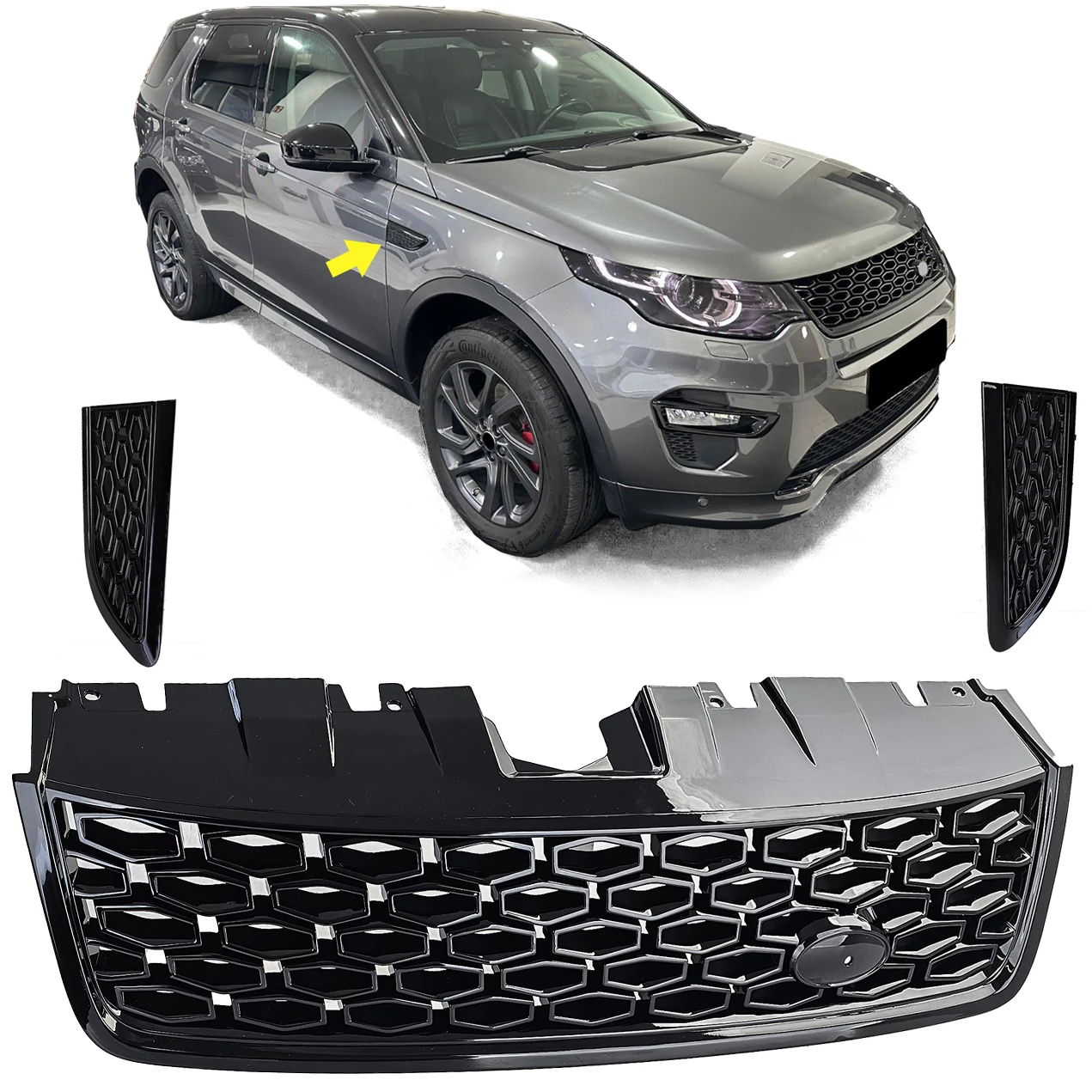 Land Rover Discovery Sport L550 2015-2020 lakkozott fekete méhsejtes hűtőrács + sárvédő rács