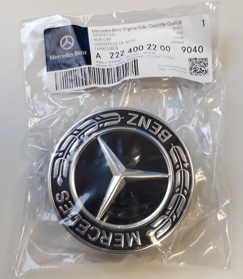 Gyári Mercedes Benz 75mm-es fekete - króm alufelni kupak - embléma A22240022009040