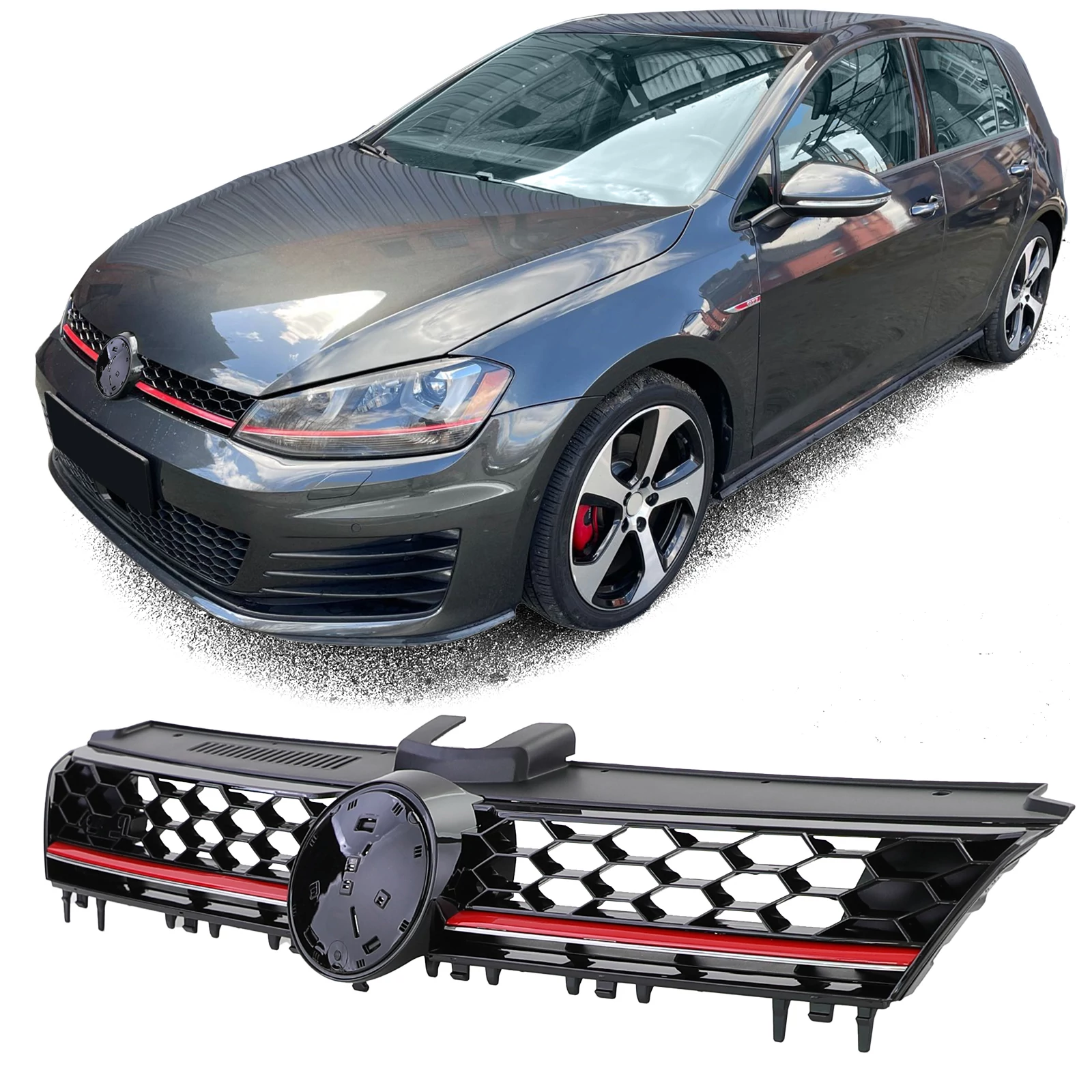 VW Volkswagen Golf VII GTI lakk fekete hűtőrács piros-króm csíkkal