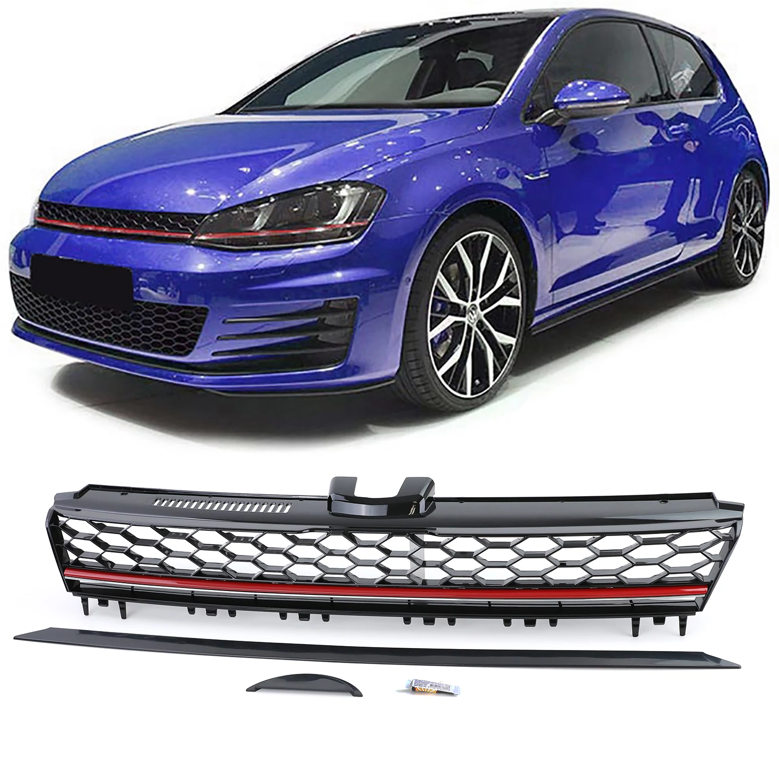 VW Volkswagen Golf VII GTI stílusú lakkozott fényes fekete hűtőrács piros csíkkal