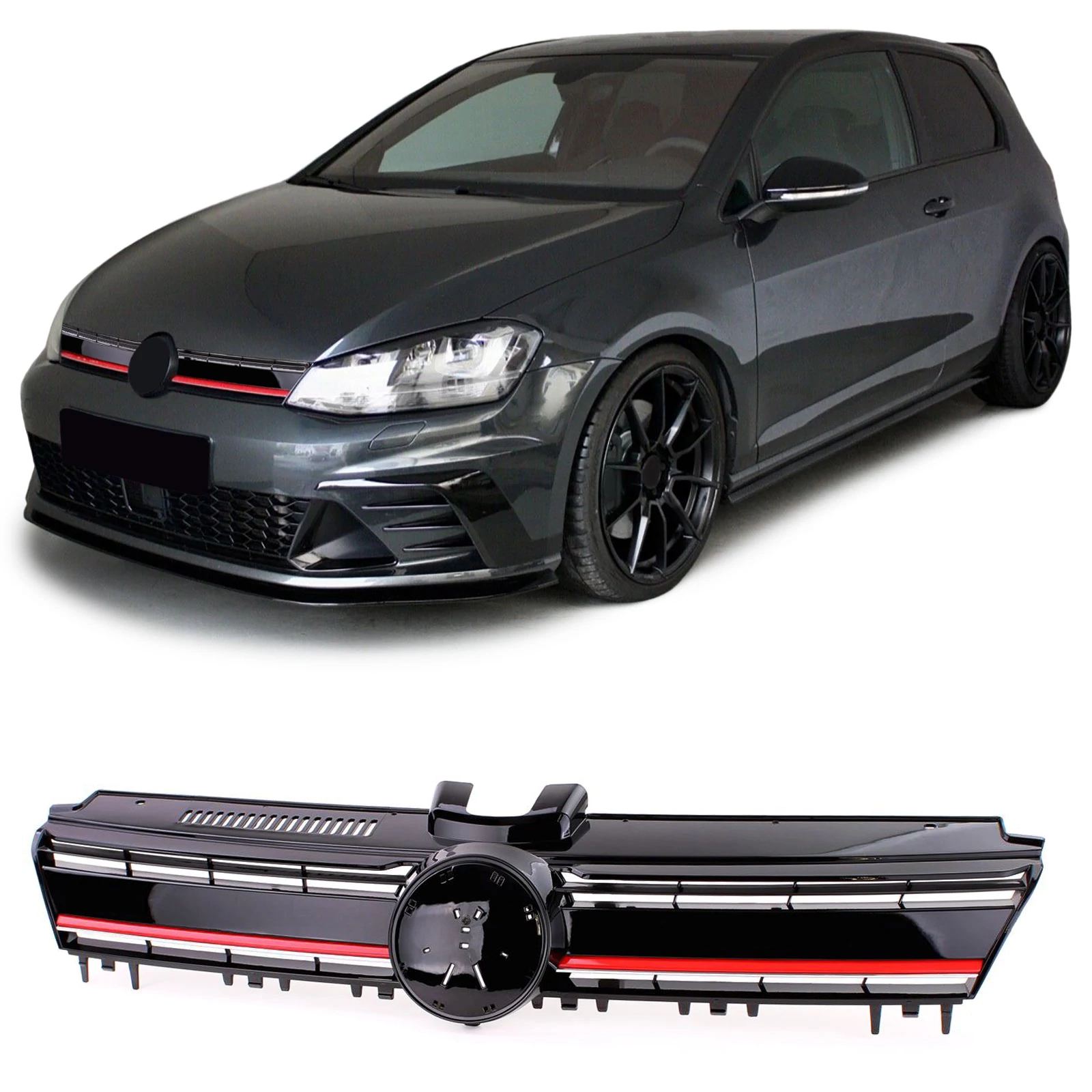 VW Volkswagen Golf VII lakkozott fényes fekete R stílusú hűtőrács piros csíkkal