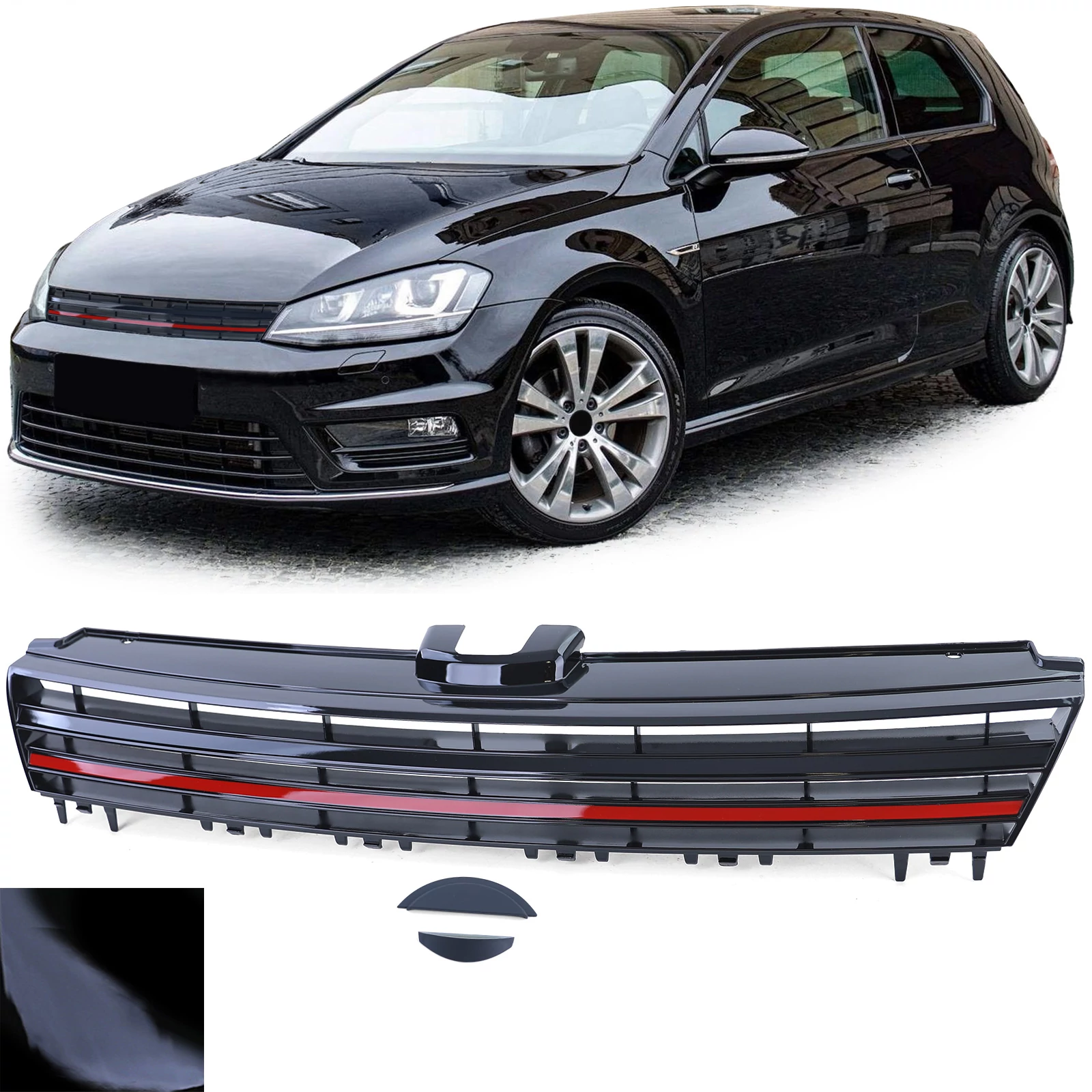 VW Volkswagen Golf VII lakkozott fényes fekete R stílusú emblémamentes hűtőrács piros csíkkal