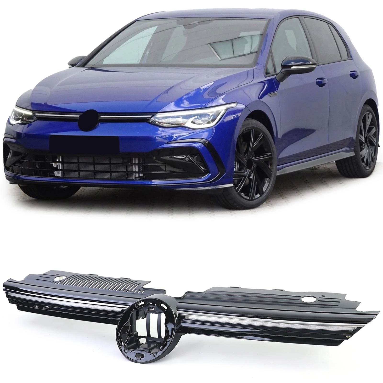 VW Volkswagen Golf VIII GTI stílusú lakkozott fekete világítós hűtőrács króm csíkkal (emblématartós)